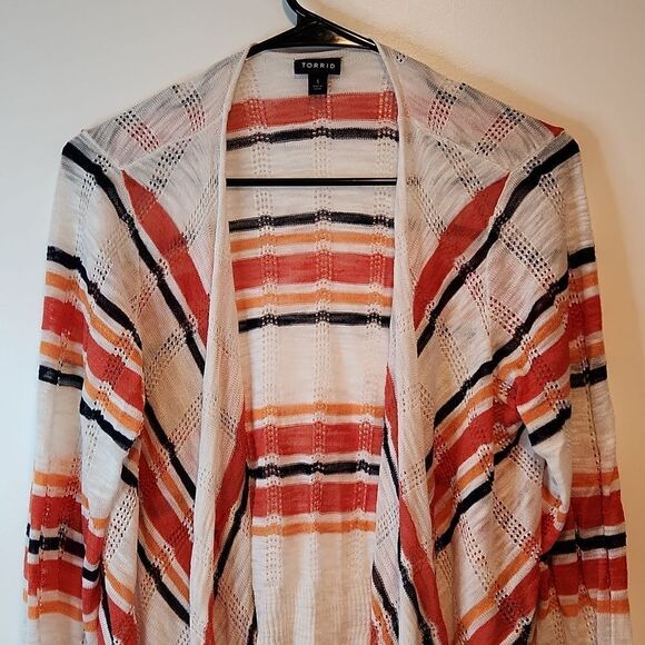 Torrid Open Front Shrug Cardigan Sweater White/Orange Striped Women's Sz 1 EUC - Picture 4 of 12